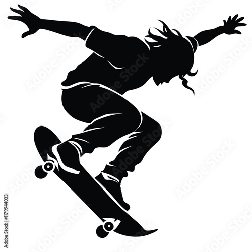 Vector silhouette of a skateboarder performing a trick, captured mid-air with the skateboard flipped underfoot. 