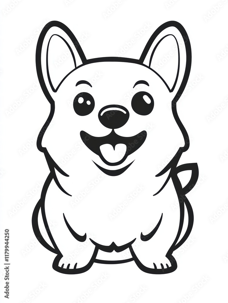 Adorable Corgi Cartoon: A cheerful, simple line drawing of a happy corgi puppy, perfect for coloring pages, stickers, and children's illustrations. Adorable Corgi Cartoon: A cheerful, simple line drawing of a happy corgi puppy, perfect for coloring pages, stickers, and children's illustrations.