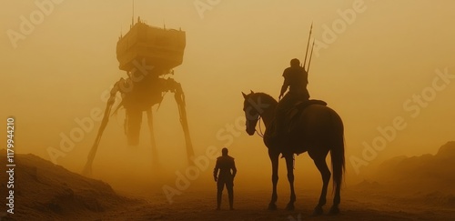 A digital artwork featuring a windy, red Martian desert. A rider on a creature, carrying a weapon, approaches a sand-buried robot. The ruins of an ancient mecha civilization stand in a dead photo