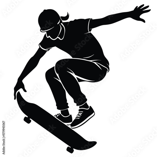 Vector silhouette of a skateboarder performing a trick, captured mid-air with the skateboard flipped underfoot. 