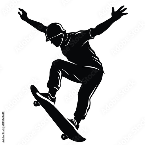 Vector silhouette of a skateboarder performing a trick, captured mid-air with the skateboard flipped underfoot. 
