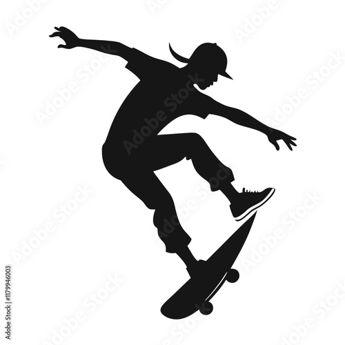 Vector silhouette of a skateboarder performing a trick, captured mid-air with the skateboard flipped underfoot. 