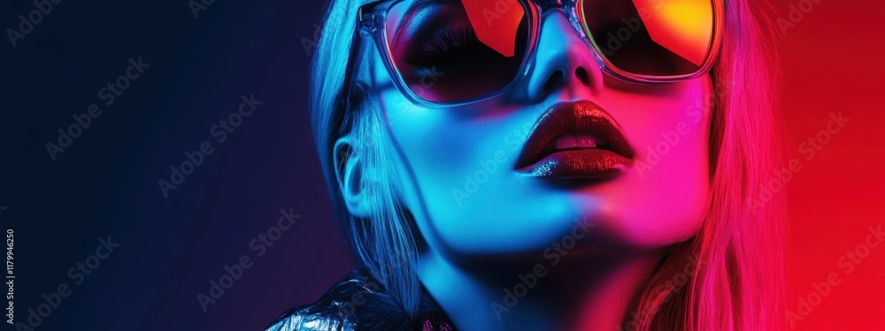 Cyberpunk portrait, female model, red and blue neon lighting, vibrant colors, futuristic sunglasses, reflective lenses, dramatic shadows, high contrast, intense gaze, dark hair, bold red lipstick, clo Cyberpunk portrait, female model, red and blue neon lighting, vibrant colors, futuristic sunglasses, reflective lenses, dramatic shadows, high contrast, intense gaze, dark hair, bold red lipstick, clo