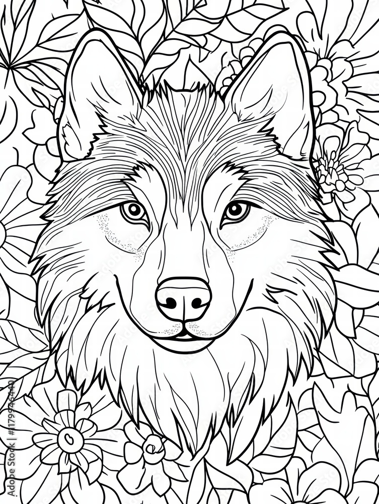Smiling Husky Floral Portrait: A detailed line art illustration of a friendly husky dog's face surrounded by an intricate pattern of flowers. Perfect for coloring books, adult coloring pages. Smiling Husky Floral Portrait: A detailed line art illustration of a friendly husky dog's face surrounded by an intricate pattern of flowers. Perfect for coloring books, adult coloring pages.