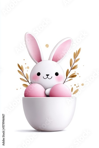 A cheerful cartoon bunny surrounded by pastel eggs and greenery, perfect for celebrating spring festivities.