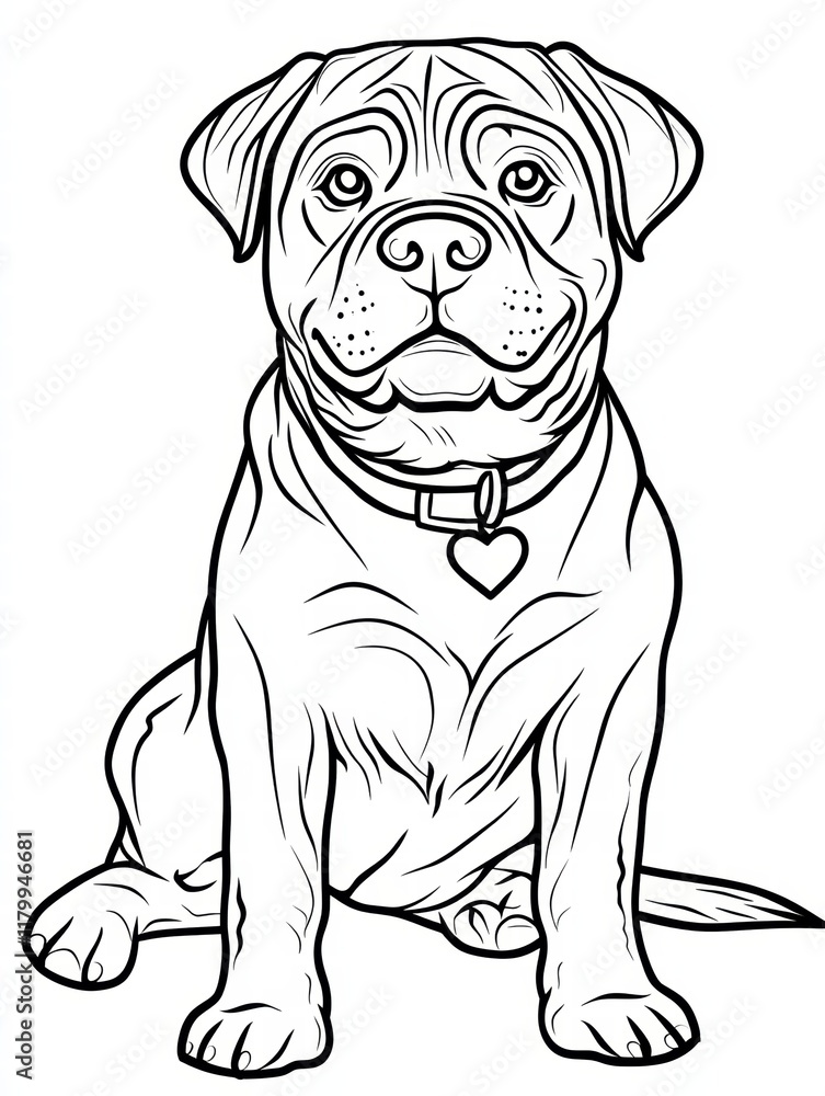 Fototapeta premium Gentle Giant Line Art: A charming bulldog with a heart-shaped tag sits patiently with a gentle, almost human, expression, showcasing loyalty and companionship in a minimalist line art style.