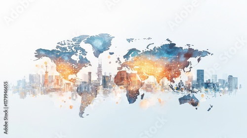 Wallpaper Mural A colorful world map blended with a city skyline, symbolizing global connectivity and urban growth. Torontodigital.ca