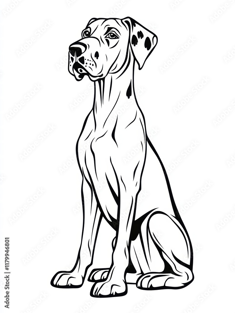 Fototapeta premium Majestic Great Dane: Elegant line art illustration of a Great Dane sitting majestically. Perfect for pet lovers, dog breed enthusiasts, and design projects.