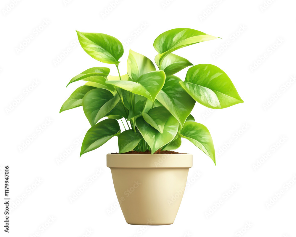 Lush green houseplant in a simple beige pot with vibrant leaves. Lush green houseplant in a simple beige pot with vibrant leaves.