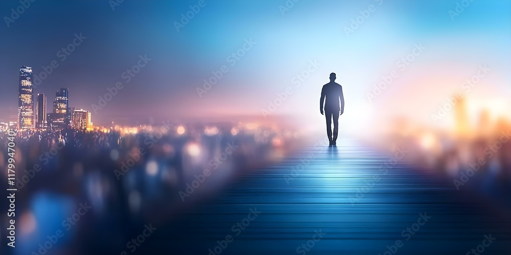 A solitary figure walking towards a bright horizon, surrounded by a cityscape blurred in the background, suggesting reflection or journey. Concept Solitary Journey, Bright Horizon, Urban Reflection A solitary figure walking towards a bright horizon, surrounded by a cityscape blurred in the background, suggesting reflection or journey. Concept Solitary Journey, Bright Horizon, Urban Reflection