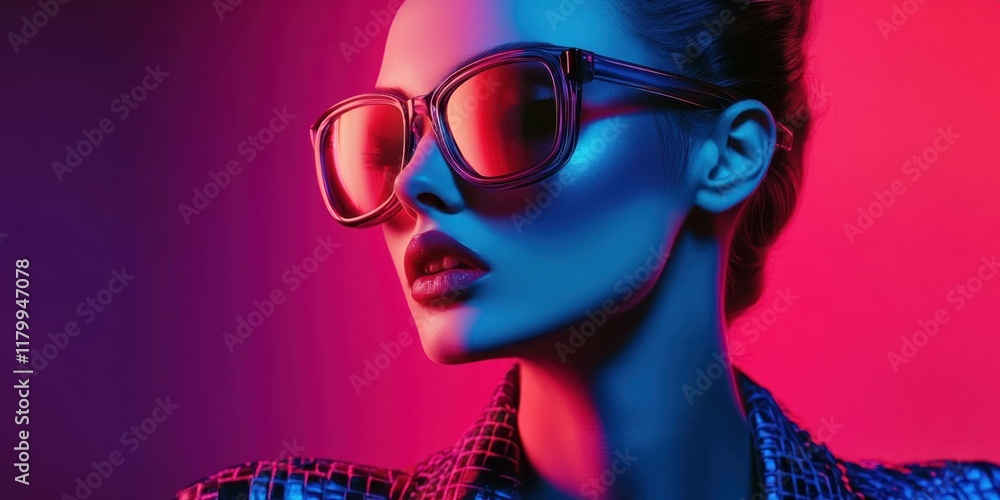 Cyberpunk portrait, female model, red and blue neon lighting, vibrant colors, futuristic sunglasses, reflective lenses, dramatic shadows, high contrast, intense gaze, dark hair, bold red lipstick, clo Cyberpunk portrait, female model, red and blue neon lighting, vibrant colors, futuristic sunglasses, reflective lenses, dramatic shadows, high contrast, intense gaze, dark hair, bold red lipstick, clo