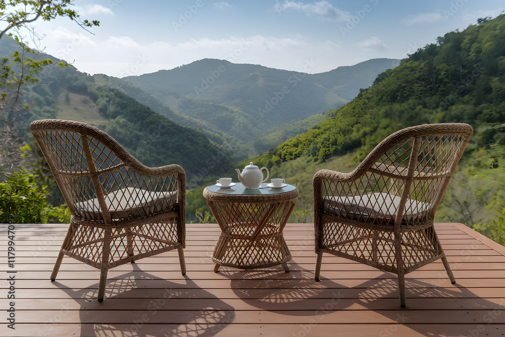 Cozy Outdoor Seating Area with Scenic Mountain View and Tea Set Cozy Outdoor Seating Area with Scenic Mountain View and Tea Set