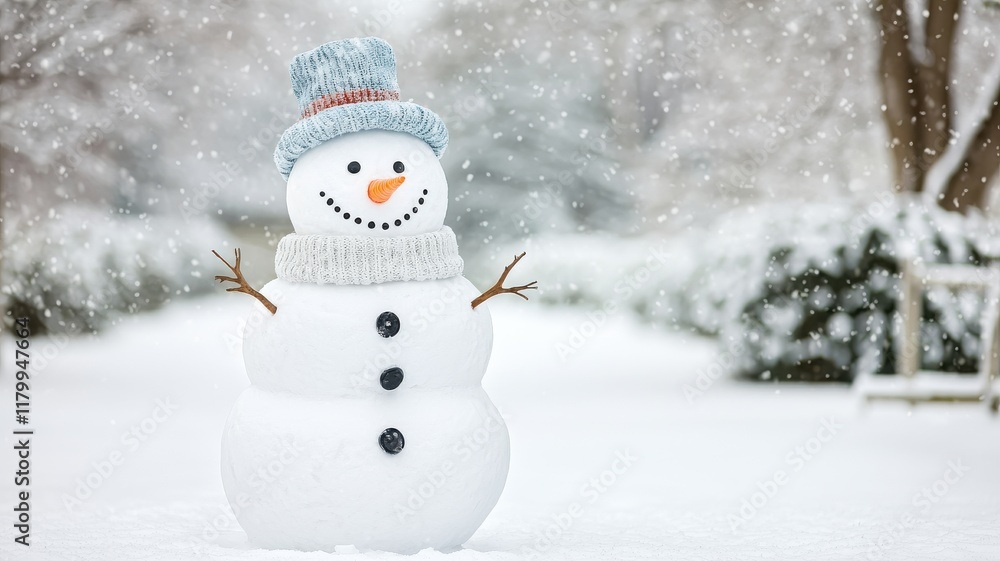 A cheerful snowman stands in a snowy landscape, adorned with a colorful knitted hat and scarf, surrounded by gently falling snowflakes. A cheerful snowman stands in a snowy landscape, adorned with a colorful knitted hat and scarf, surrounded by gently falling snowflakes.