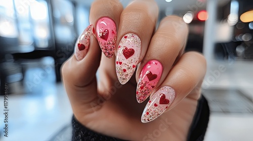 A vibrant nail studio showcasing Valentines nail designs with glitter and heart decals photo