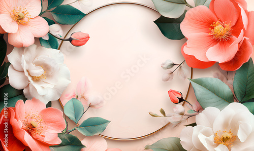 Delicate pink and white flowers with green leaves framing a golden circle on a soft pastel background exuding elegance