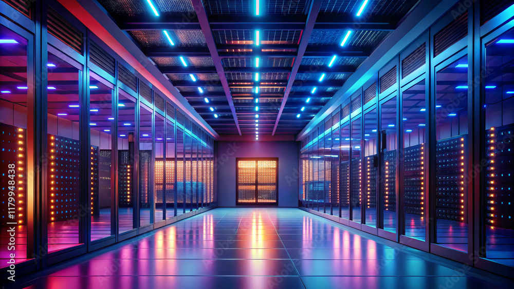 Futuristic server farm with vibrant neon lights and sleek design Futuristic server farm with vibrant neon lights and sleek design