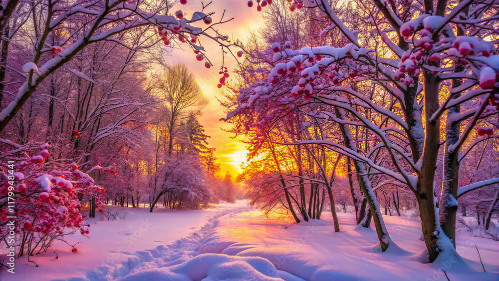 Naklejka premium winter forest scene at dusk, bathed in amber light and snow