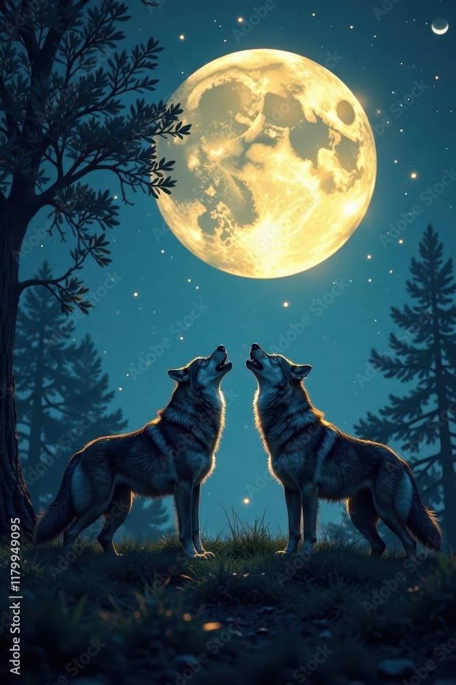 A pack of wolves gathers in a clearing under a full moon, their voices rising in harmony as they sing their primal song, wild animals, night A pack of wolves gathers in a clearing under a full moon, their voices rising in harmony as they sing their primal song, wild animals, night
