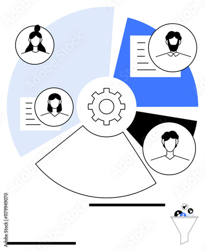 Gear at the center of a segmented chart with user profiles, data sheets, and funnel. Ideal for teamwork, project management, collaboration, recruitment, data organization, workflow planning abstract