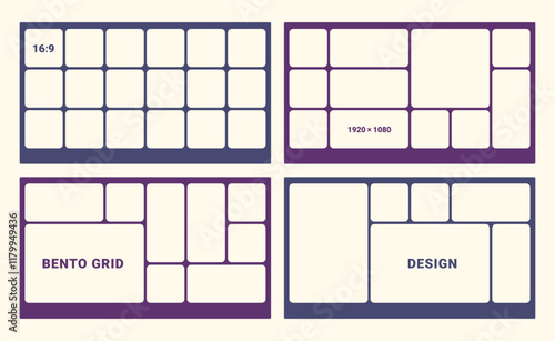 Bento grid for web, presentation. Trendy first screen for website. Graphic dashboard for presentation template. Admin statistical software, web interface vector template. Futuristic Bento style. 16x9 