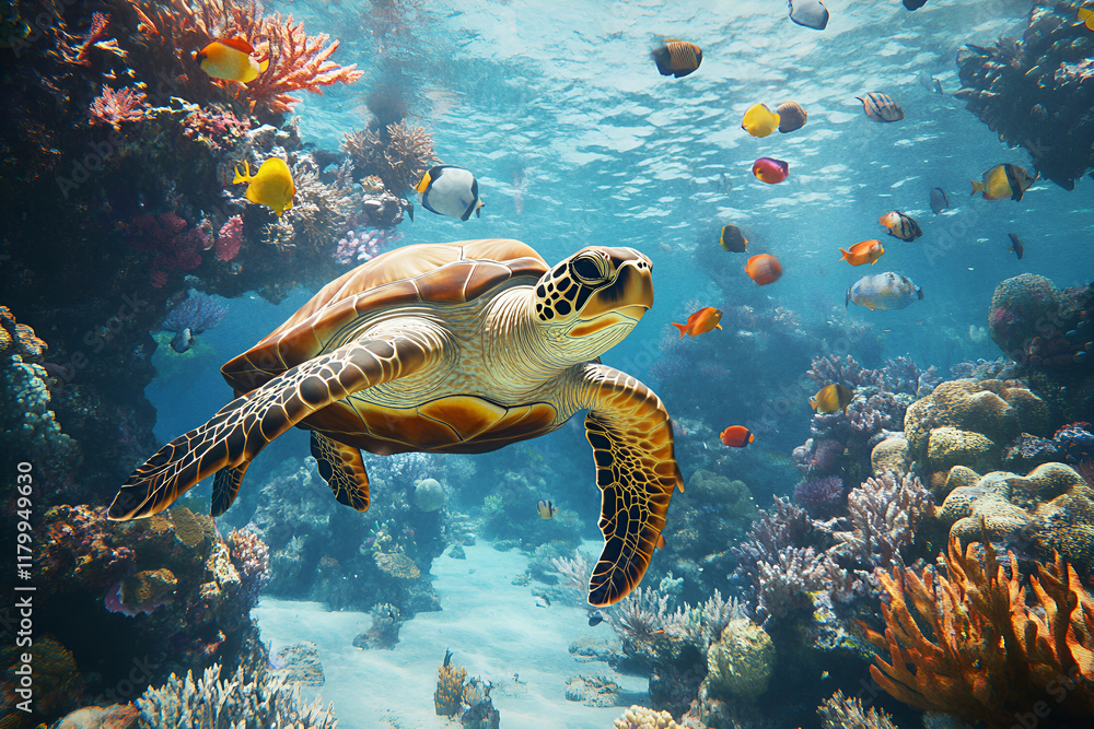 Fototapeta premium A hyper-realistic underwater scene featuring a sea turtle swimming amongst coral reefs, surrounded by colorful tropical fish. 4K. Generative AI