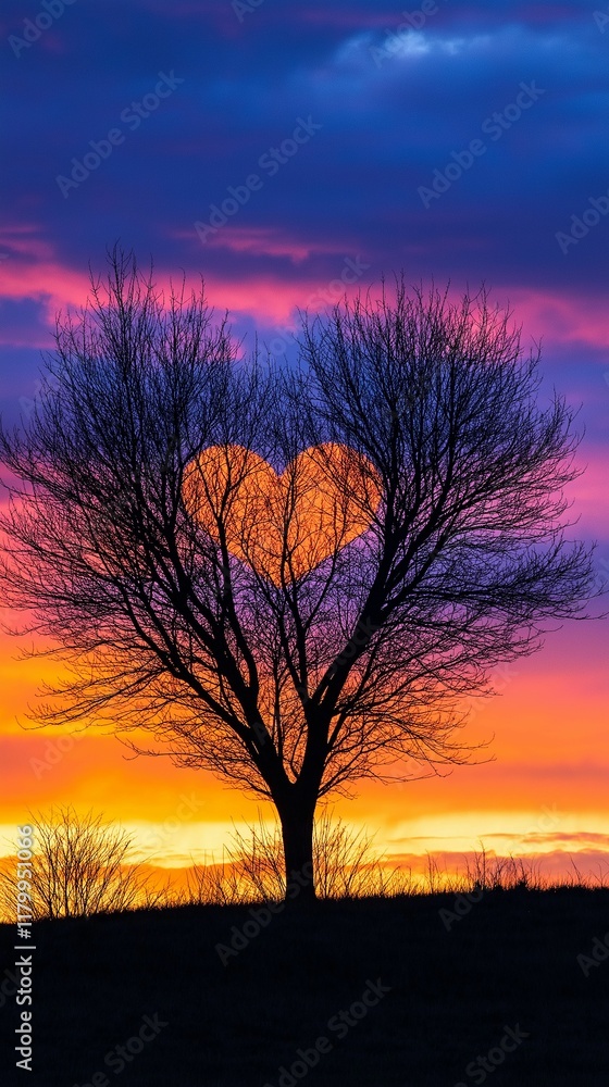 Fototapeta premium A silhouetted tree with heart-shaped branches glowing against a vivid Valentine’s sunset sky