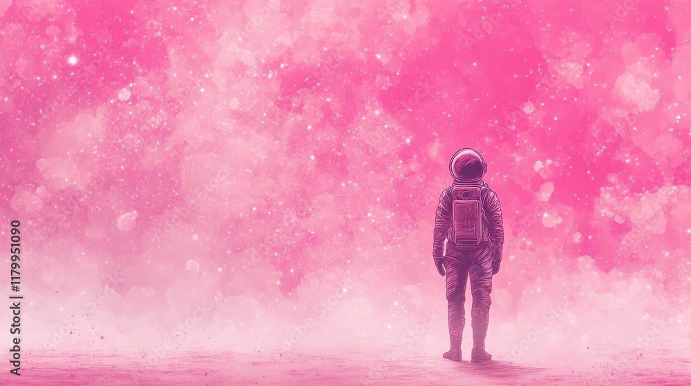 Obraz premium Astronaut Gazing at a Pink Cosmic Landscape