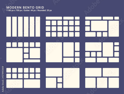 Bento grid for web, presentation. Trendy first screen for website. Graphic dashboard for presentation template. Admin statistical software, web interface vector template. Futuristic Bento style