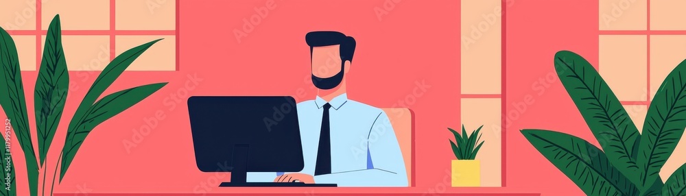 A man in a blue shirt sits at a computer in a home office, surrounded by plants and a warm, colorful background.