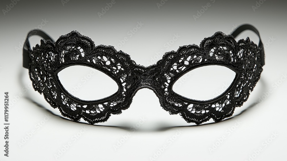 Black Lace Masquerade Mask on White Background, Studio Shot, Mystery, Party Accessory. Black Lace Masquerade Mask on White Background, Studio Shot, Mystery, Party Accessory.