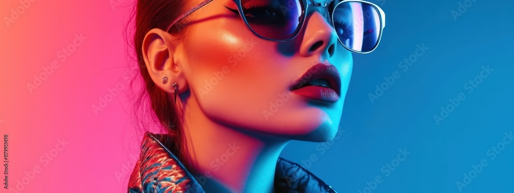 Fototapeta premium Cyberpunk portrait, woman with sunglasses, neon lighting, red and blue color scheme, high contrast, futuristic, noir atmosphere, close-up shot, synthwave aesthetic, dramatic shadows, glossy lips, retr