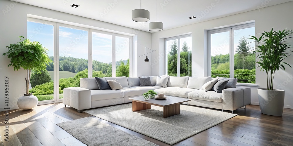 Fototapeta premium Modern Minimalist White Living Room with Large Corner Sofa - Aerial View