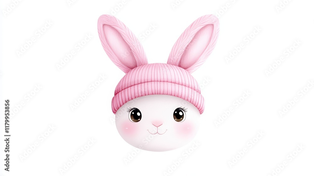 Fototapeta premium Cute cartoon rabbit wearing a pink knitted hat, perfect for children's illustrations and playful designs.