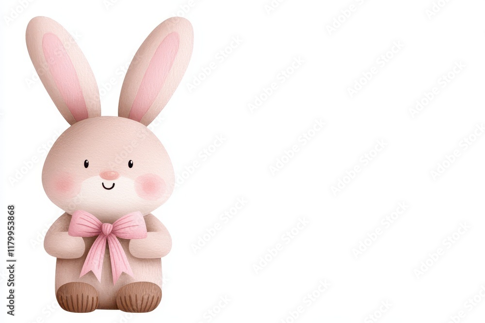 Obraz premium Cute cartoon rabbit with pink ears and a bow, perfect for spring and Easter themes.