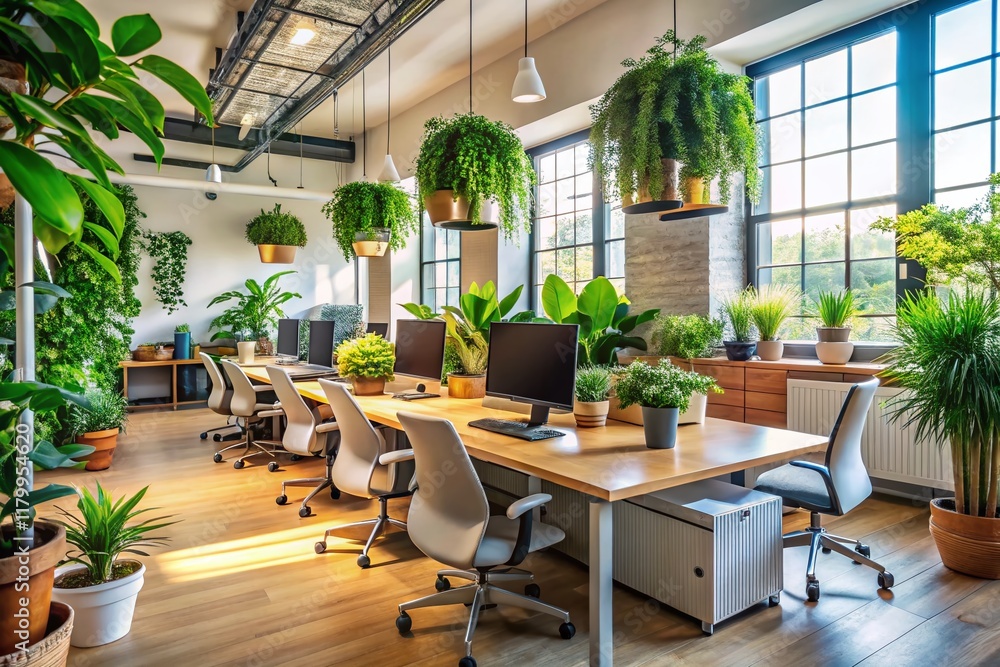 Modern Office Workspace with Abundant Greenery and Plants, Copy Space Modern Office Workspace with Abundant Greenery and Plants, Copy Space