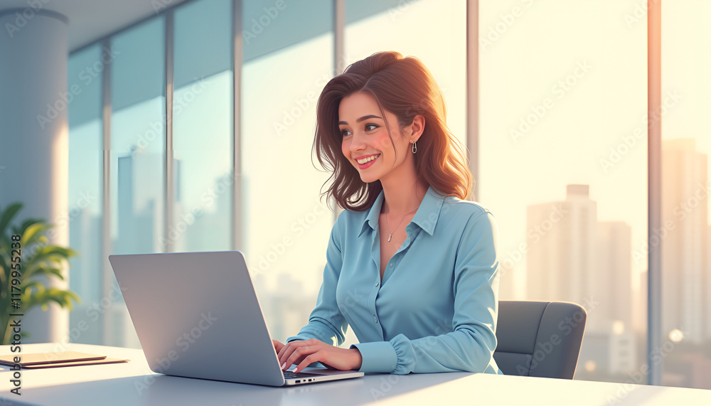 cheerful young woman using laptop in bright office with city skyline view cheerful young woman using laptop in bright office with city skyline view