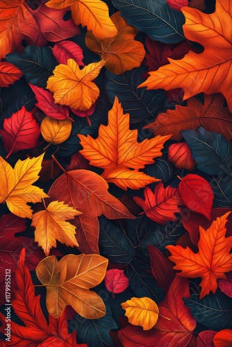 Wallpaper Mural Colorful autumn leaves scattered on dark background in a seasonal display Torontodigital.ca