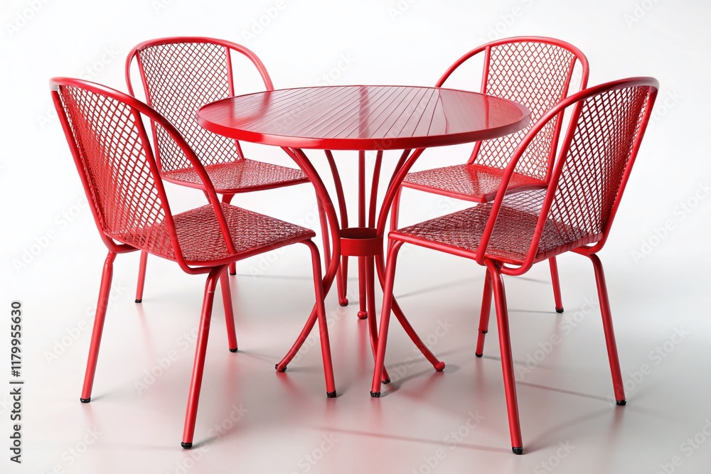 Fototapeta premium Modern Red Metal Mesh Cafe Table and Chairs Isolated on White Background - Stock Photo