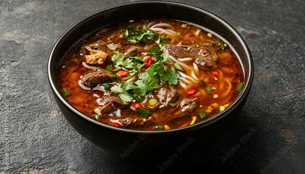 Vietnamese Pho Bo soup, bowl of fresh Asian soup with rice noodles, beef, herbs, soybean sprouts and chili on concrete background, top view, copy space. Delicious Asian food Vietnamese Pho Bo soup, bowl of fresh Asian soup with rice noodles, beef, herbs, soybean sprouts and chili on concrete background, top view, copy space. Delicious Asian food