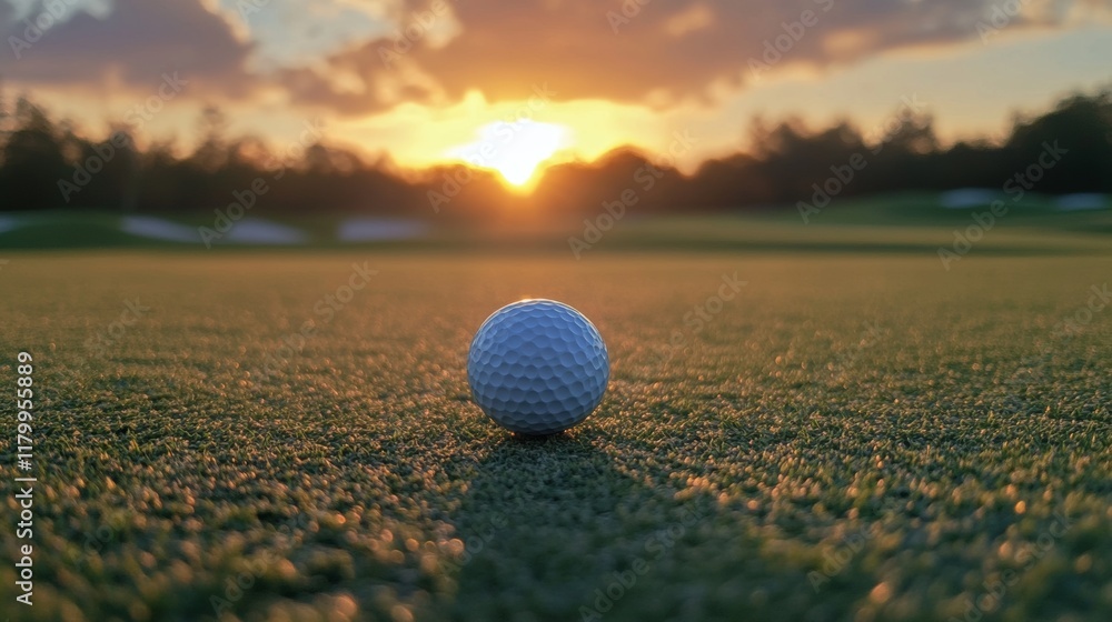 Golf Ball at Sunset: Serene Green Fairway Glow Golf Ball at Sunset: Serene Green Fairway Glow
