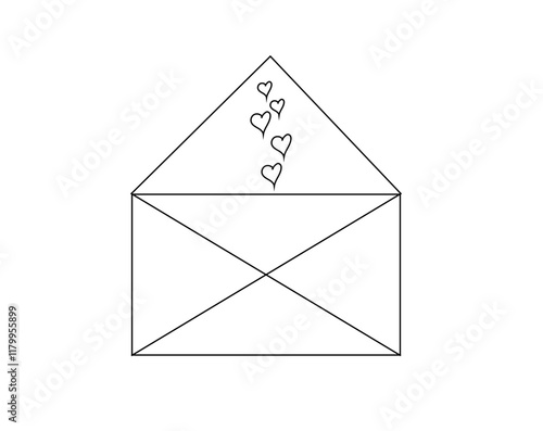 envelope and hearts black outline on white background,