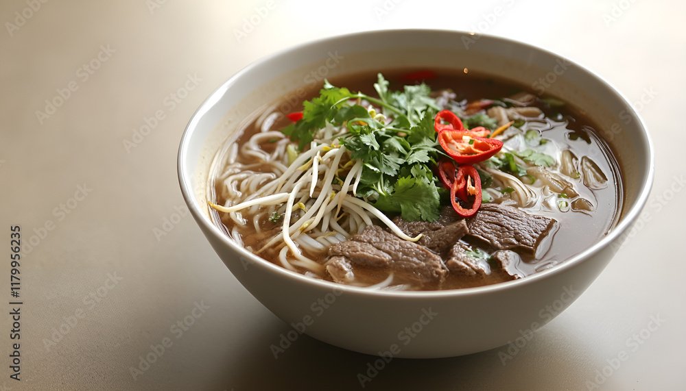 Vietnamese Pho Bo soup, bowl of fresh Asian soup with rice noodles, beef, herbs, soybean sprouts and chili on concrete background, top view, copy space. Delicious Asian food Vietnamese Pho Bo soup, bowl of fresh Asian soup with rice noodles, beef, herbs, soybean sprouts and chili on concrete background, top view, copy space. Delicious Asian food