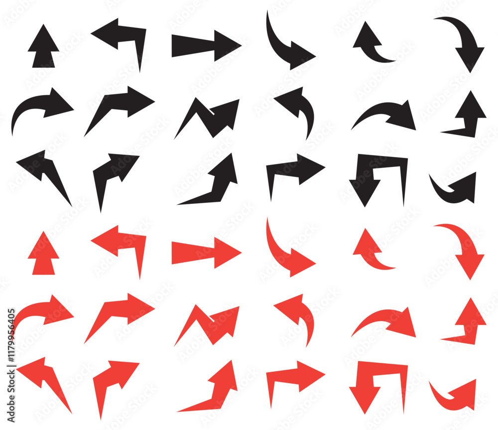 Red arrow icon set. Directional arrows pointing up, down, left, and right Red arrow icon set. Directional arrows pointing up, down, left, and right