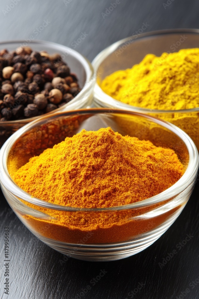 Close-up view of three glass bowls filled with turmeric powder, curry powder, and black peppercorns on a dark wooden surface. Close-up view of three glass bowls filled with turmeric powder, curry powder, and black peppercorns on a dark wooden surface.