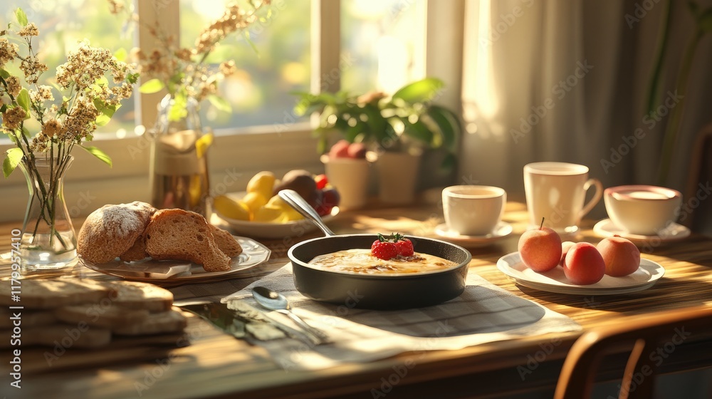 A charming breakfast table scene with a small pan of , served alongside fresh bread, fruit, and coffee, creating a cozy and inviting morning setting. A charming breakfast table scene with a small pan of , served alongside fresh bread, fruit, and coffee, creating a cozy and inviting morning setting.