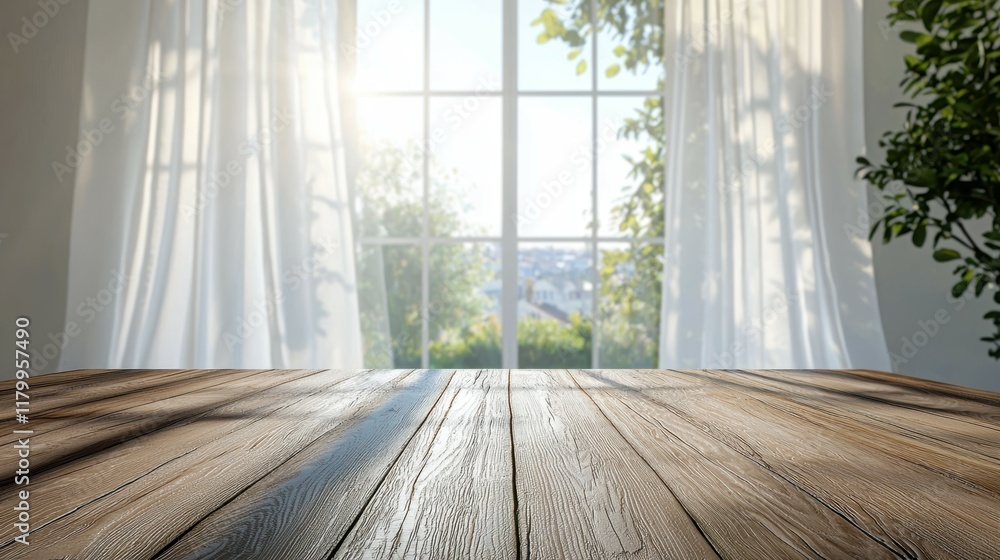 Sunlit wooden table with a view of greenery through sheer curtains. Sunlit wooden table with a view of greenery through sheer curtains.
