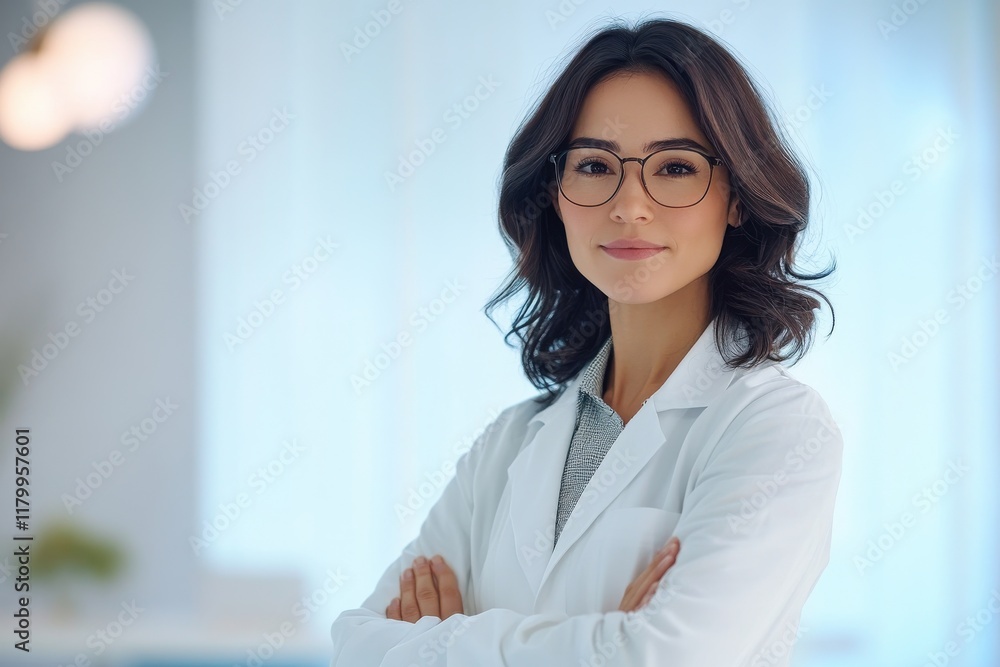 Woman doctor in white lab coat with glasses against pale blue background