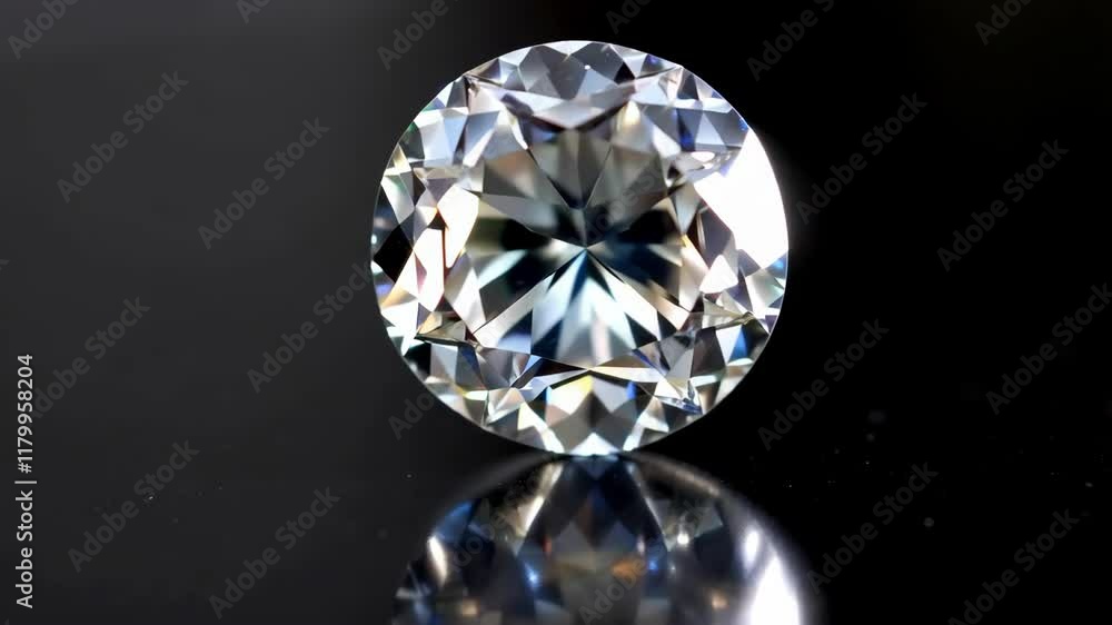 Sparkling diamond rotation: captivating crystal reflections on black surface Sparkling diamond rotation: captivating crystal reflections on black surface