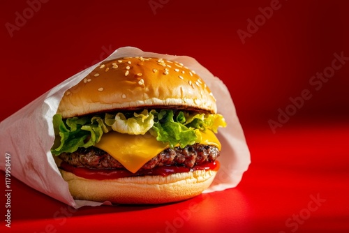 Deliciously Wrapped Burger: A mouthwatering burger, overflowing with fresh ingredients and enveloped in a protective paper, beckons with its appetizing presence on a vibrant red background.