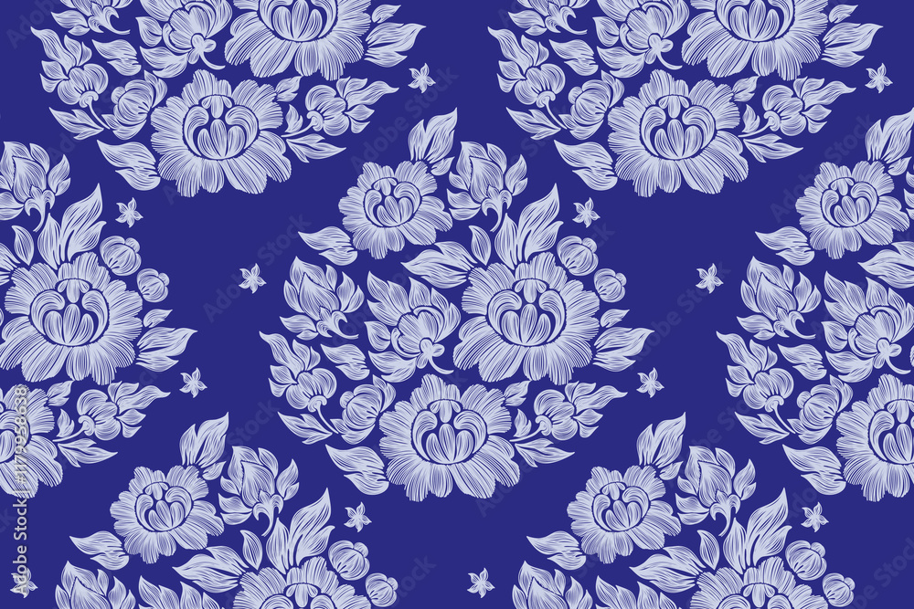 Obraz premium Vintage floral ethnic tapestry modern embroidery texture boho design vector illustration hand drawn silhouette indigo blue flower motif branches leaves wallpaper seamless background border.